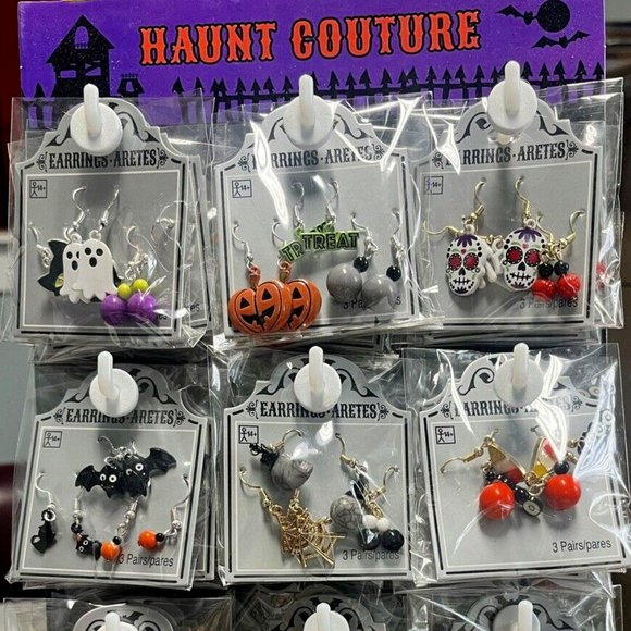 HAUNT COUTURE HALLOWEEN 6pc LOT BAT/BLOODY CLEAVER/SKULL & BONES/RIP EARRINGS - Picture 8 of 9